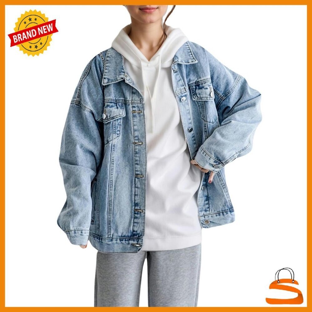 Oversized Denim Jacket Loose Fit Boyfriend Style Long Sleeve Button Closure